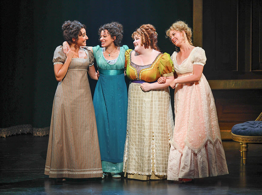 Krystina Alabado as Dabney, Isabelle McCalla as Elinor, Ryann Redmond as Petunia, and Kate Rockwell as Jane share a joyful moment together in Regency Girls, 2025.