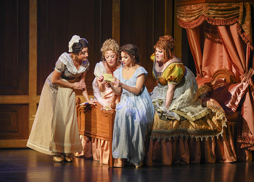 Janine LaManna as Madame Restell addresses Krystina Alabado as Dabney, Ryann Redmond as Petunia, Isabelle McCalla as Elinor, and Kate Rockwell as Jane in Regency Girls, 2025.
