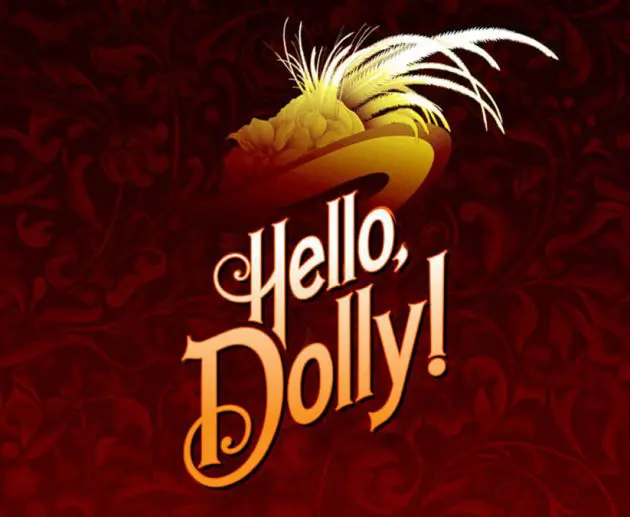 Logo for the musical Hello, Dolly! featuring a golden hat with white feathers above the show's title in ornate lettering, set against a deep red, floral-patterned background.