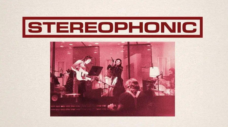 Stereophonic Broadway cast recording cover featuring musicians performing in a recording studio, with a retro red filter and bold 'Stereophonic' title above.