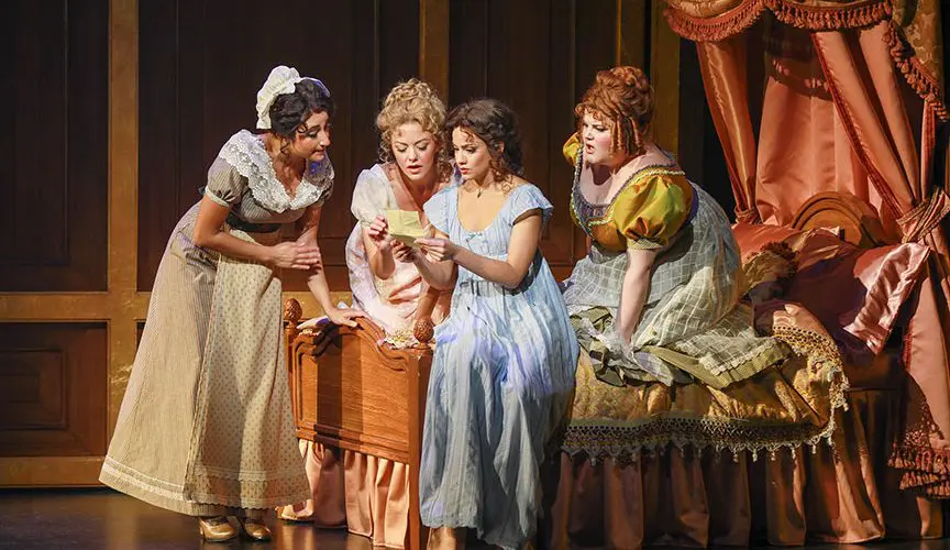 Janine LaManna as Madame Restell addresses Krystina Alabado as Dabney, Ryann Redmond as Petunia, Isabelle McCalla as Elinor, and Kate Rockwell as Jane in Regency Girls, 2025.