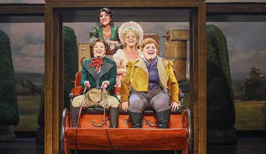 (clockwise from top left) Krystina Alabado as Dabney, Kate Rockwell as Jane, Ryann Redmond as Petunia, and Isabelle McCalla as Elinor in Regency Girls, 2025. Photo by Jim Cox.