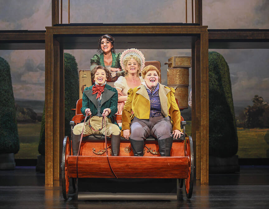 (clockwise from top left) Krystina Alabado as Dabney, Kate Rockwell as Jane, Ryann Redmond as Petunia, and Isabelle McCalla as Elinor in Regency Girls, 2025. Photo by Jim Cox.